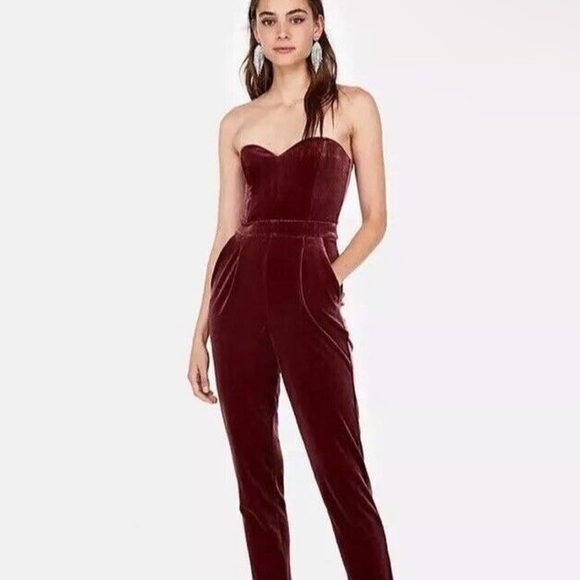Express Pants - Express Wine Deep Cranberry Red Strapless Velvet Velour Formal Jumpsuit
